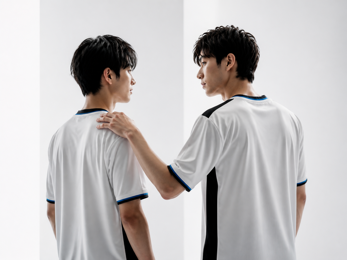 肩に手を添えて支え合うチームメンバー
