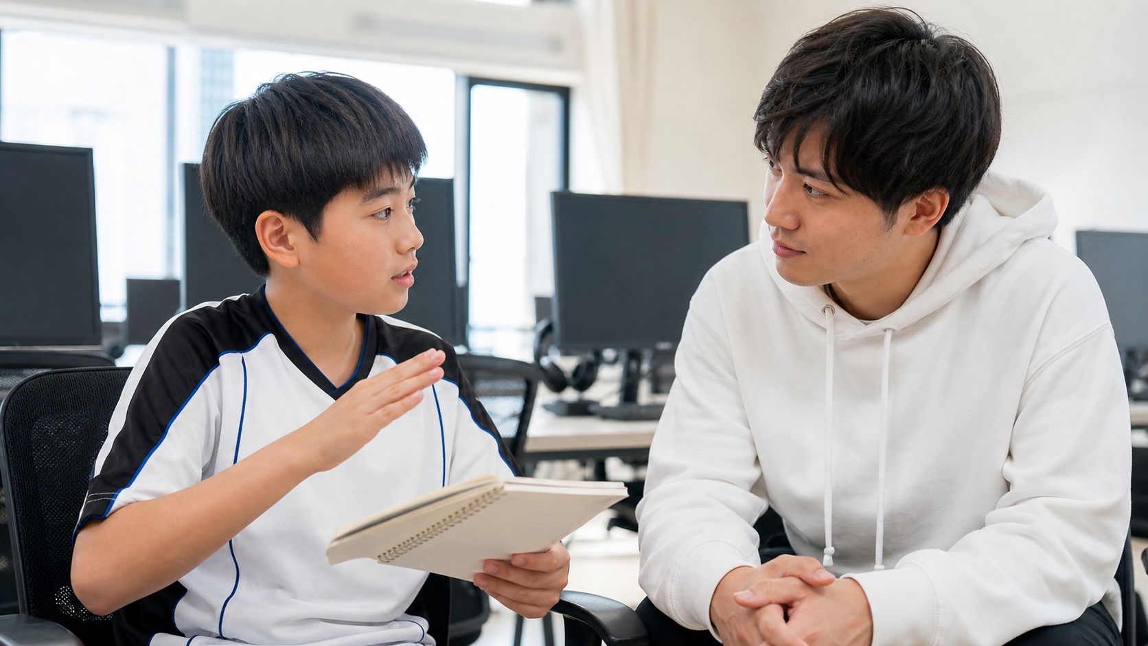 コーチを囲み対話する子どもたち