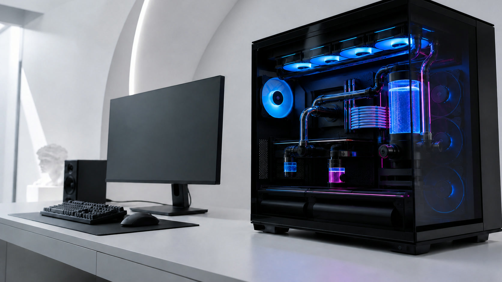 黒いゲーミングPCと白いデスクで構成した環境イメージ