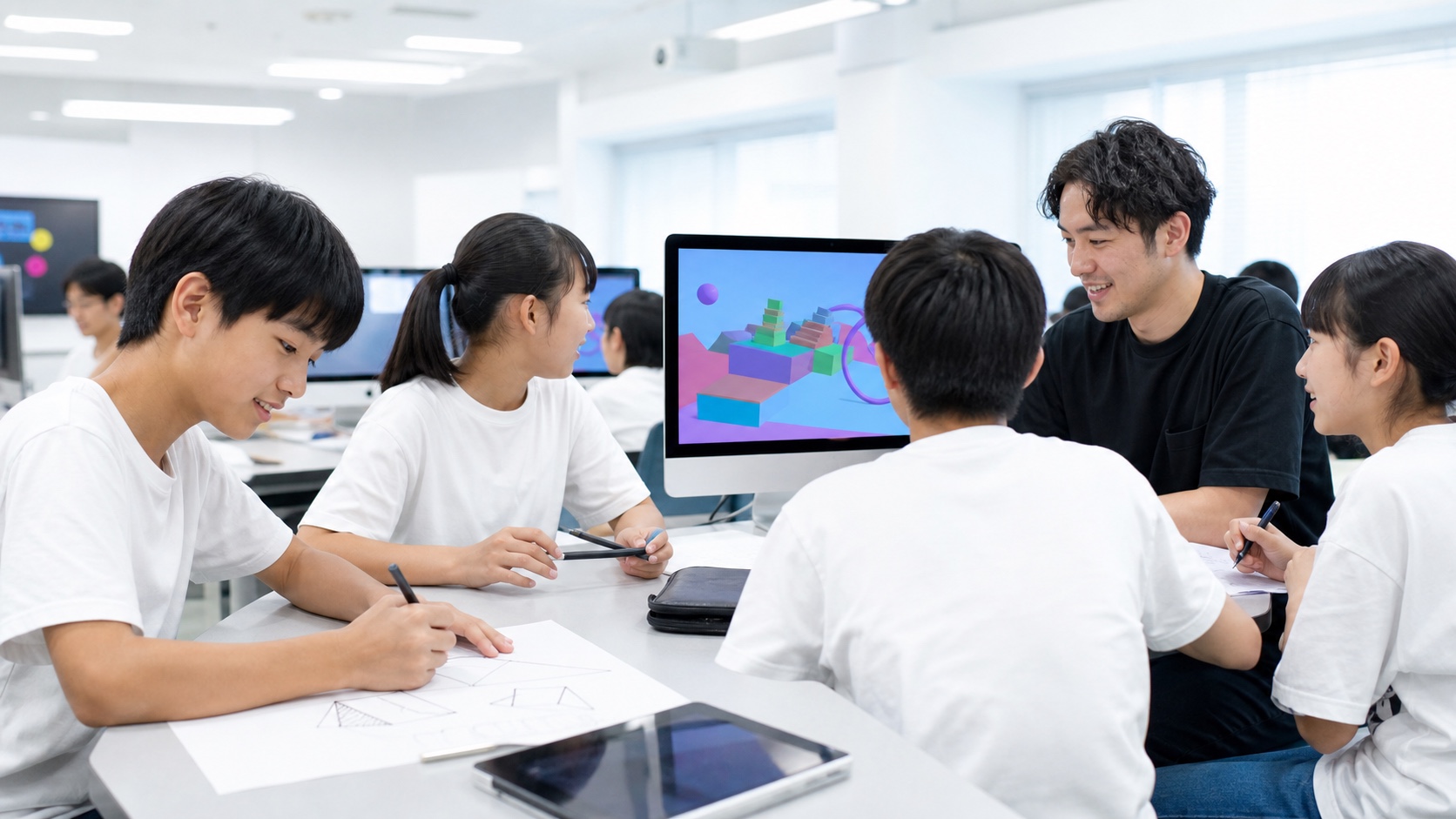 明るい教室でデジタルスキルを学ぶ子どもたち