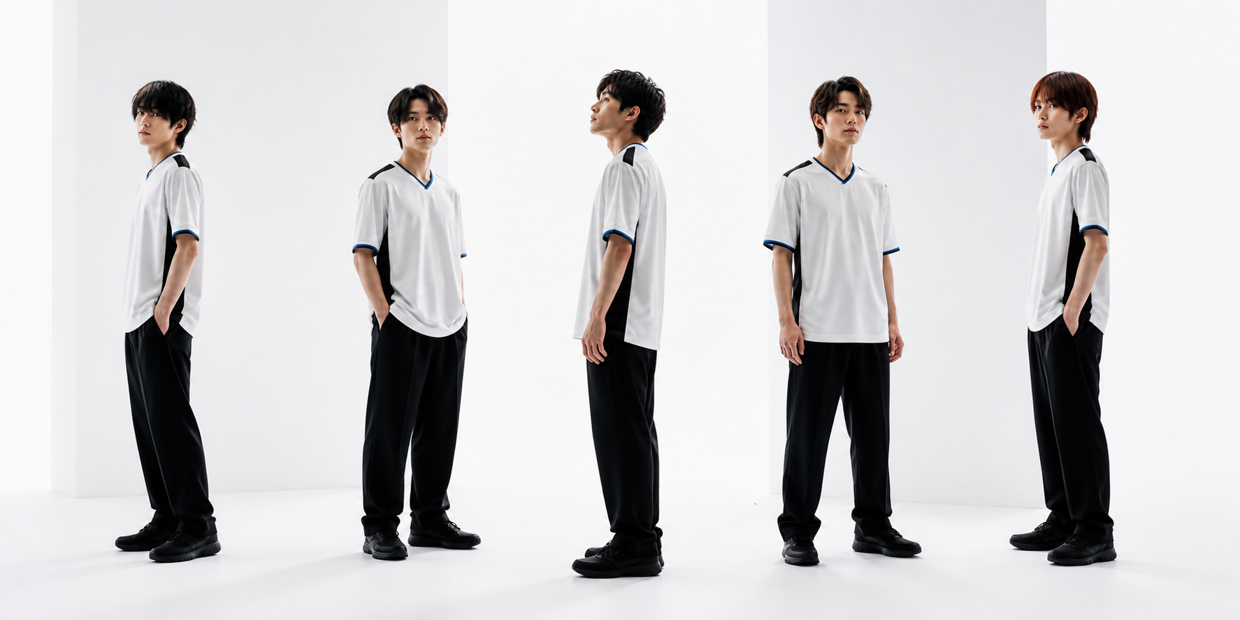 白いチームウェア姿の5名を描いたブランドコンセプト画像
