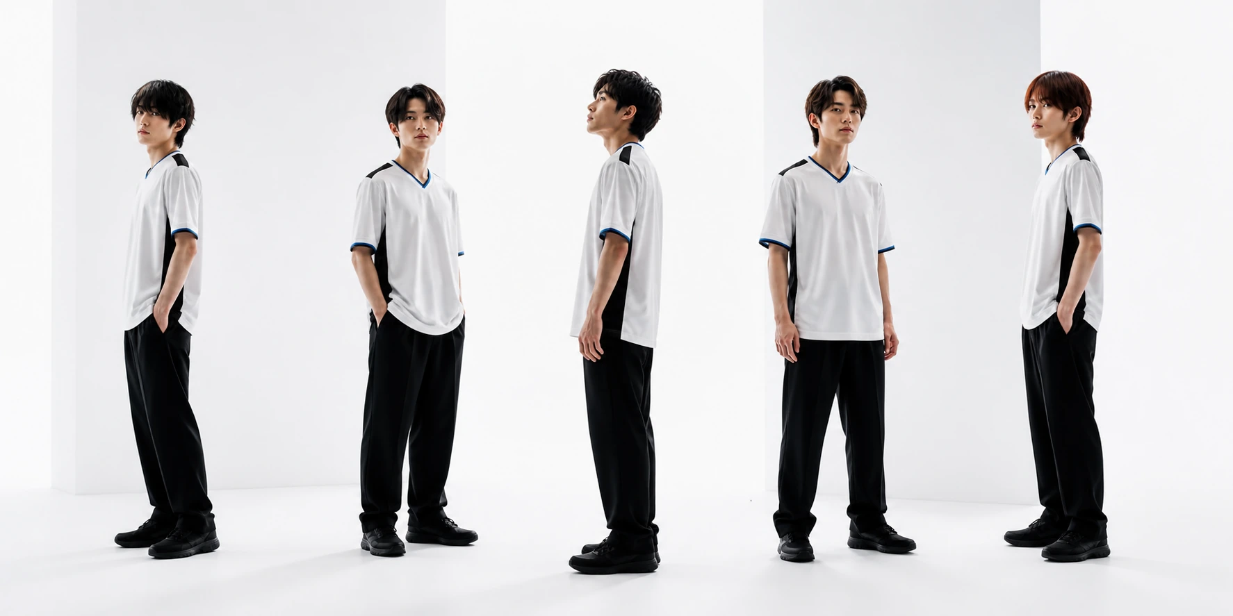 白いユニフォームを着た5人のチームメンバー